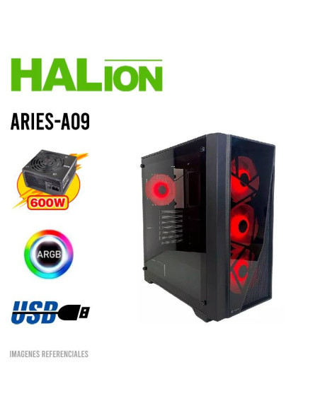CASE GAMER HALION ARIES A09 ( ARIES-A09 ) 600W | VIDRIO TEMPLADO | 4 LED-ARGB