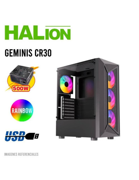 CASE GAMER HALION GEMINIS CR30 (GEMINIS-CR30) VIDRIO TEMPLADO| 500W| 4 LED-RAINBOW
