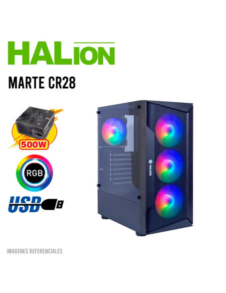 CASE GAMER HALION MARTE CR28 PANEL VIDRIO TEMPLADO | MALLA | 500W | 4 FAN LED