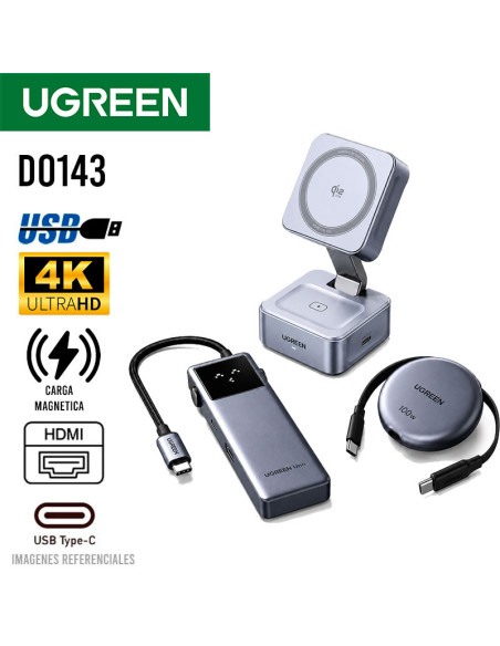 KIT UGREEN D0143 (95725) | HUB USB-C + CARGADOR INALAMBRICO MAGFLOW + CABLE RETRACTIL USB-C