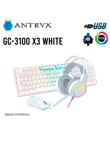 KIT GAMER ANTRYX GC-3100 X3 WHITE ( AGC-3100X3WBL-SP ) TECLADO + MOUSE + AUDIFONO | SWITCH AZUL
