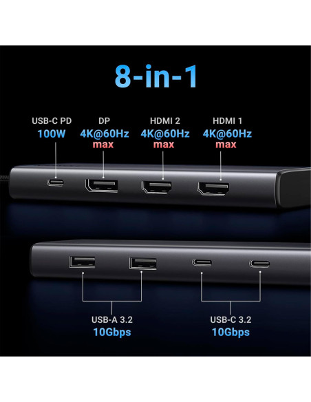 HUB USB-C UGREEN CM639 8 EN 1 ( 35625 ) 2 HDMI - 1 DP - 2 USB - 2 USB-C - 1 USB-C PD