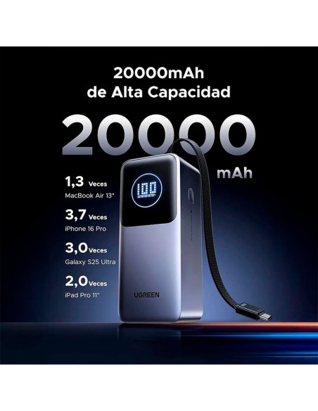 POWER BANK UGREEN 20000MAH ( PB723 ) 130W CARGA RAPIDA | 1 CABLE USB-C IN/OUT - 1 USB-C IN/OUT - 1 USB A OUT | (55365B)