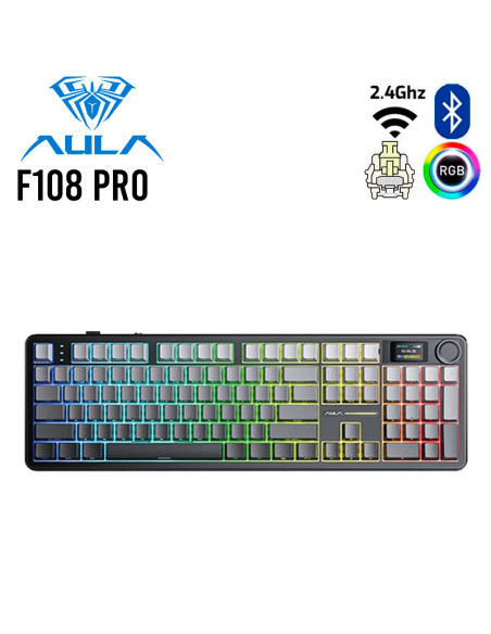 TECLADO GAMER AULA F108 PRO ( F108-PRO-SP ) WIRED - BT - WIRELESS | BLACK DEGRADED | SWITCH RAIN DROP | LED-RGB