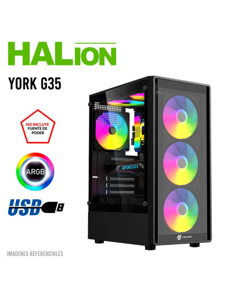 CASE GAMER HALION YORK G35 S/FUENTE| VIDRIO TEMPLADO| 4 LED-ARGB