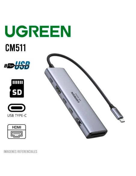 HUB USB-C UGREEN CM511 7 EN 1 (45521) 2X USB-C/ 1X USB-A/ 1X HDMI/ 1X DP/ 1X SD CARD- 1X TF CARD