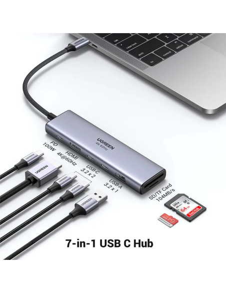 HUB USB-C UGREEN CM511 7 EN 1 (45521) 2X USB-C/ 1X USB-A/ 1X HDMI/ 1X DP/ 1X SD CARD- 1X TF CARD