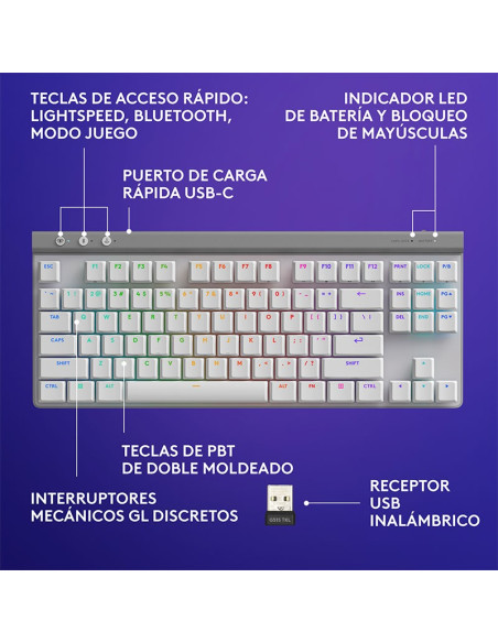 TECLADO LOGITECH G515 WHITE LIGHTSPEED TKL ( 920-012535 ) SWITCH TACTILE MECHANICAL | WIRELESS - BT | LED-RGB