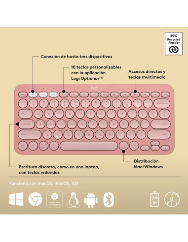 TECLADO LOGITECH PEBBLE KEYS 2 ROSE K380S (...