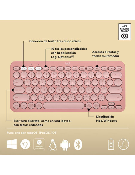 TECLADO LOGITECH PEBBLE KEYS 2 ROSE K380S ( 920-011785 ) WIRELESS| BLUETOOTH