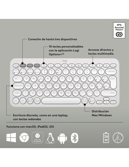 TECLADO LOGITECH PEBBLE KEYS 2 K380S WHITE ( 920-011784 ) WIRELESS| BLUETOOTH