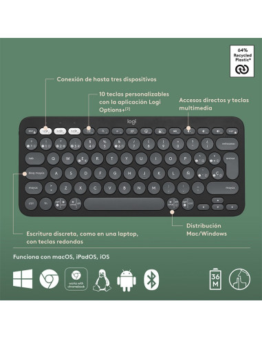 TECLADO LOGITECH PEBBLE KEYS 2 K380S GRAPHITE (...