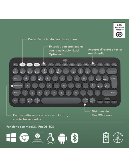 TECLADO LOGITECH PEBBLE KEYS 2 K380S GRAPHITE ( 920-011783 ) WIRELESS| BLUETOOTH
